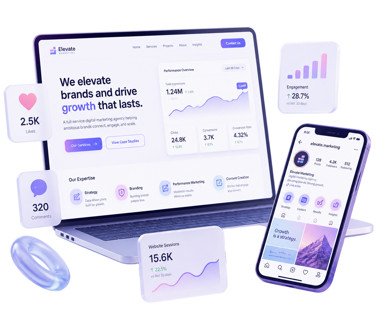 Illustration of a website on a laptop next to a phone showing a social media profile and engagement stats